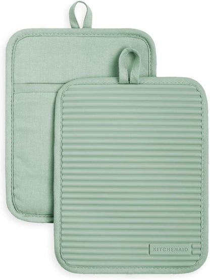 KITCHENAID Ribbed Soft Silicone Pot Holder 2-Pack Set, Matte Black, 7"x9"