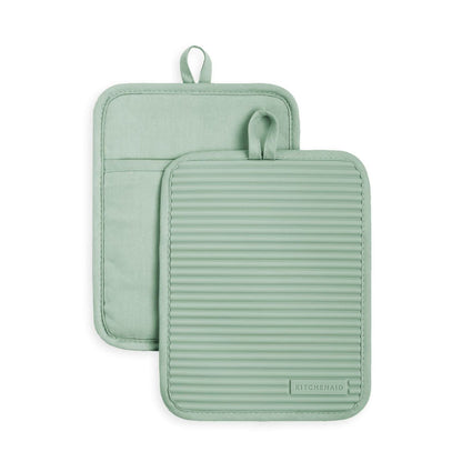 KITCHENAID Ribbed Soft Silicone Pot Holder 2-Pack Set, Matte Black, 7"x9"
