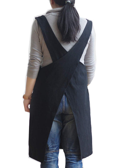 Cotton Linen Japanese Apron Halter Cross Back Bandage X Shape Aprons Two Pockets