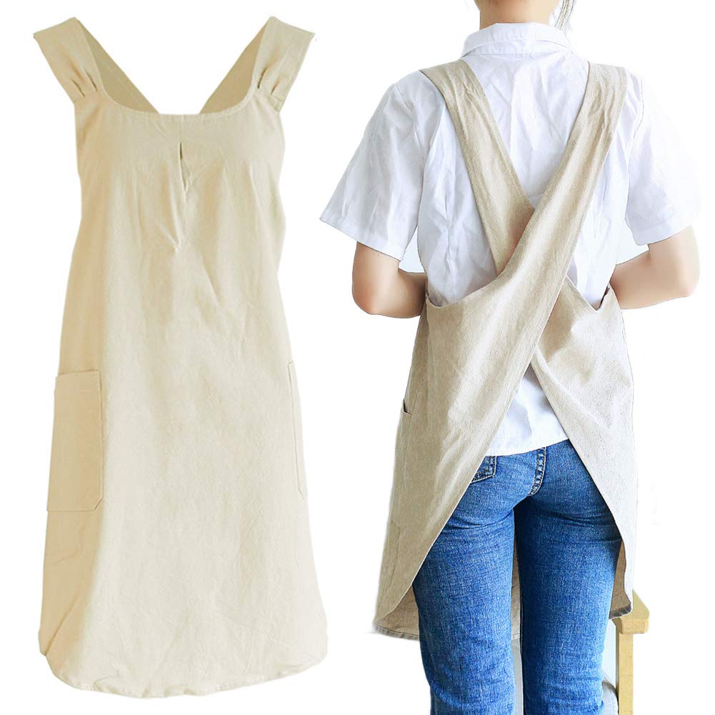 NEWGEM Japanese Cotton Linen Cross Back Cooking Apron for Women Men with Pockets Cute for Baking Kitchen