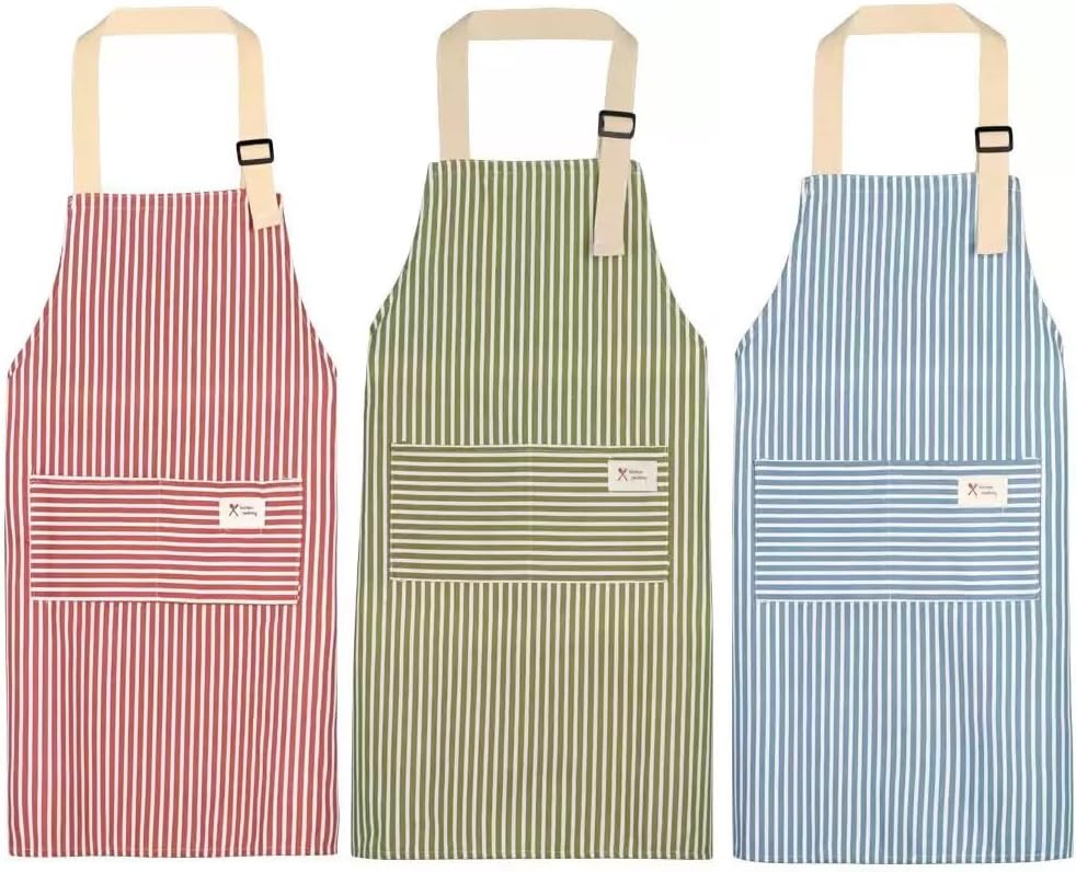 3 PCS Kitchen Cooking Aprons Cotton Linen Adjustable Bib Chef Apron with 2 Pockets