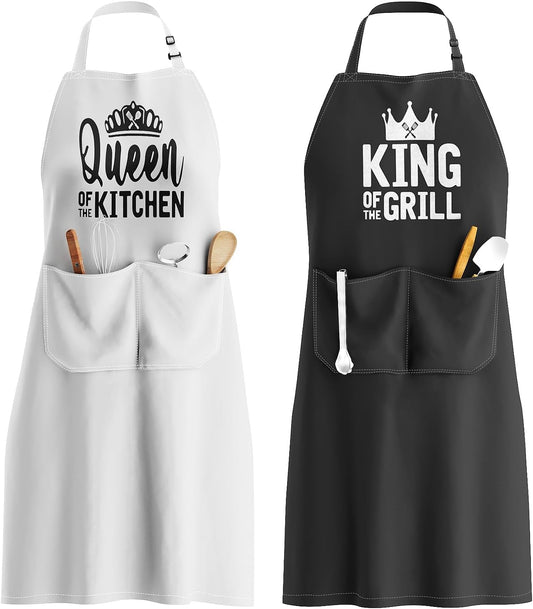 King & Queen Apron Set - Matching Couples Kitchen Aprons with Deep Pockets & Reinforced Stitching - Waterproof Professional Cooking Gear for Wedding, Engagement, Bridal Shower, Valentines, Christmas