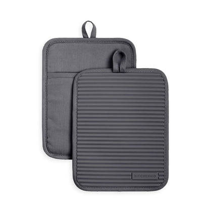 KITCHENAID Ribbed Soft Silicone Pot Holder 2-Pack Set, Matte Black, 7"x9"