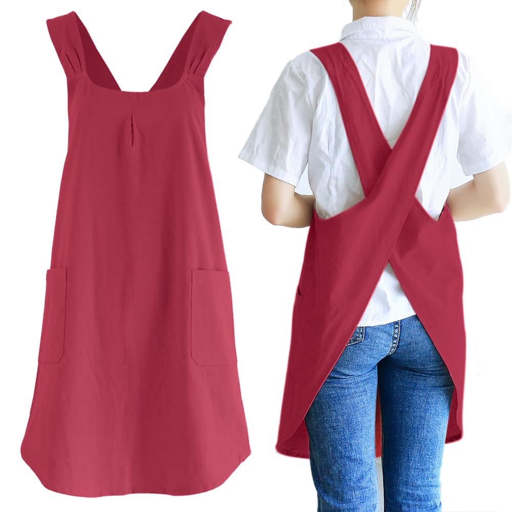 NEWGEM Japanese Cotton Linen Cross Back Cooking Apron for Women Men with Pockets Cute for Baking Kitchen