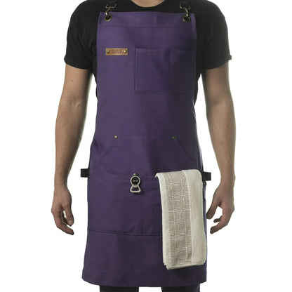 Asaya Chef and BBQ Apron with Bottle Opener and Hand Towel - 10oz Cotton Canvas, Stainless Steel Hardware - Cross Back Straps