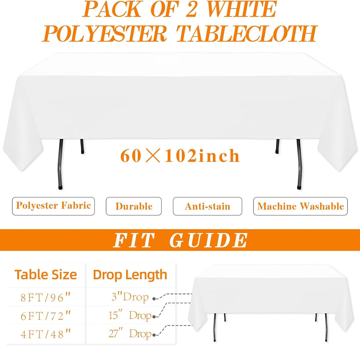 DRESSMAKER 2 Pack White Table Cloth Rectangle 60X102 Inch Fit 6FT Table