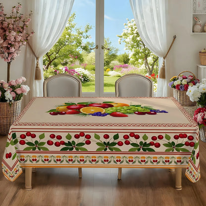 2D Flat Party Tablecloth 1pc, Polyester Material, Fruit Pattern, Bright Square Tablecloth, Cherry Border, Fall Dining Tablecloth