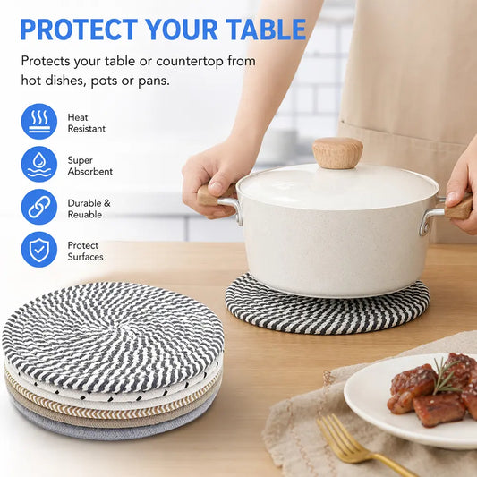 6pcs Thick Cloth Trivet Mats - 8 in Round Shape Heat Resistant Kitchen Surface Protectors for Hot Pots, Pans - Essential Kitchen Tableware