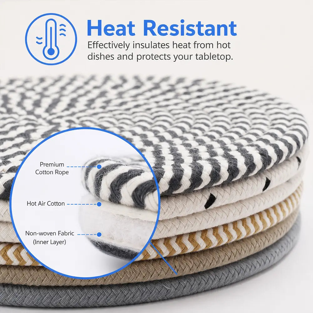 6pcs Thick Cloth Trivet Mats - 8 in Round Shape Heat Resistant Kitchen Surface Protectors for Hot Pots, Pans - Essential Kitchen Tableware