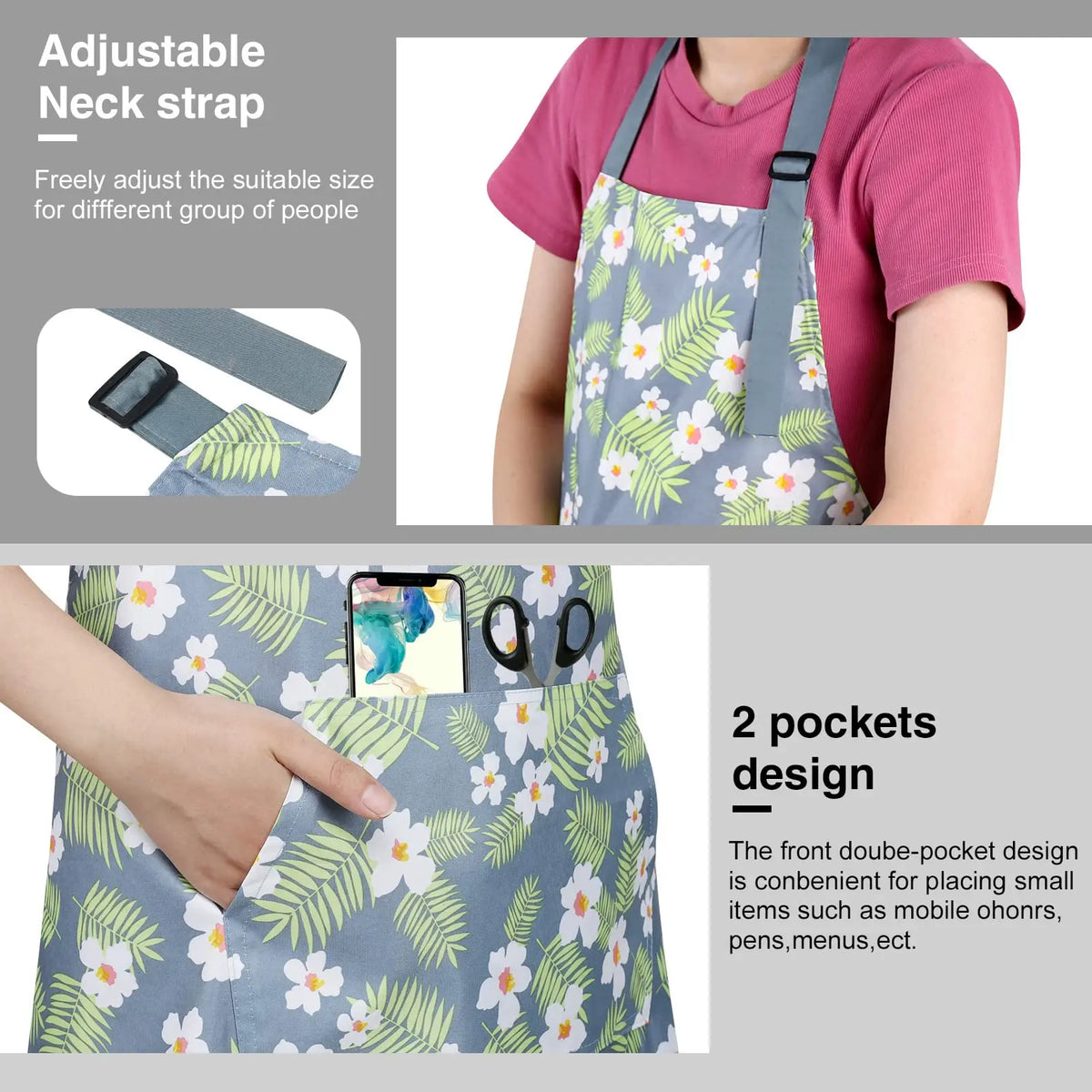 Women's 3-Pack Comfortable Floral Printed Waterproof Adjustable Pocketed Aprons with Tool Pockets, Kitchen Cooking Aprons for 2 Key Tasks: Hand Tool Work & Gardening