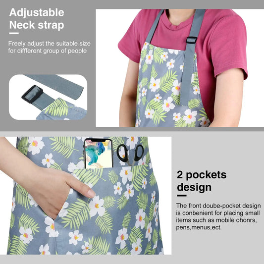 Women's 3-Pack Comfortable Floral Printed Waterproof Adjustable Pocketed Aprons with Tool Pockets, Kitchen Cooking Aprons for 2 Key Tasks: Hand Tool Work & Gardening