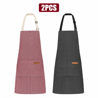 Women & Men's 2-Piece Sets Work Apron, Abrasive-Resistant Breathable Striped Pocketed Polyester Chef Apron Set, Adjustable Strap Kitchen Accessories for Home Use