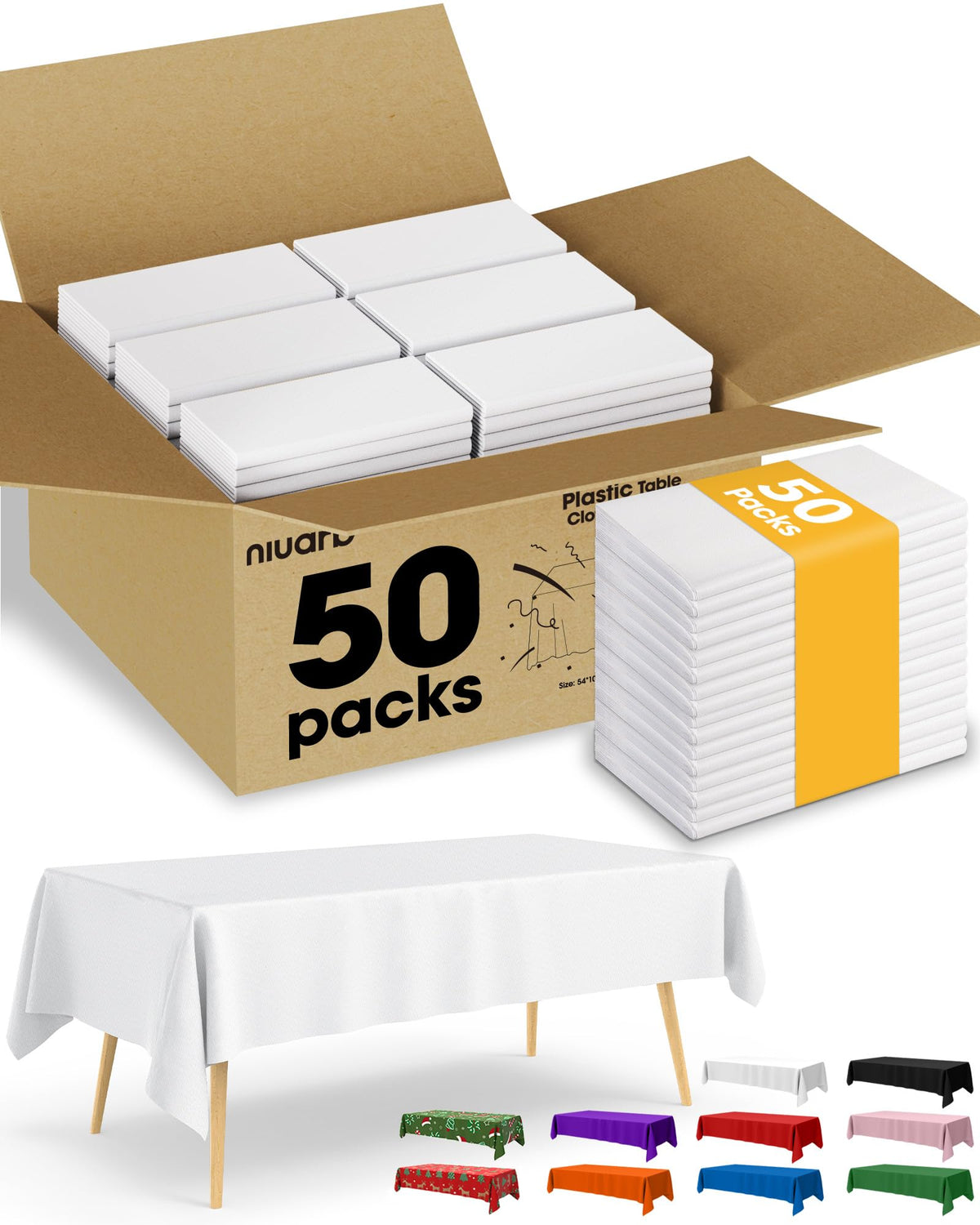 Niuara White Plastic Table Cloth - 30 Pack 54" × 108" Rectangle Disposable Tablecloths for 6FT Tables, Waterproof Table Cover for Party, Holiday & Gathering Use