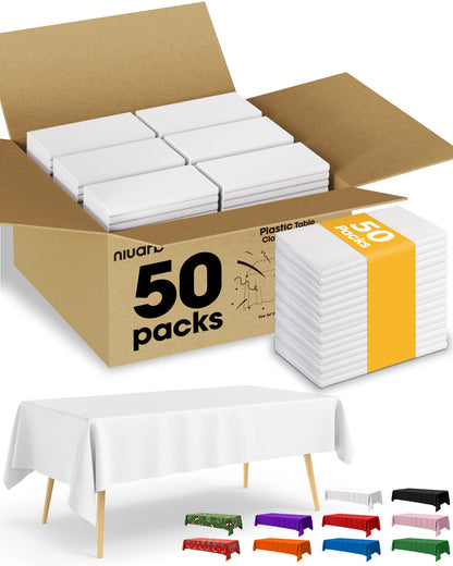 Niuara White Plastic Table Cloth - 30 Pack 54" × 108" Rectangle Disposable Tablecloths for 6FT Tables, Waterproof Table Cover for Party, Holiday & Gathering Use