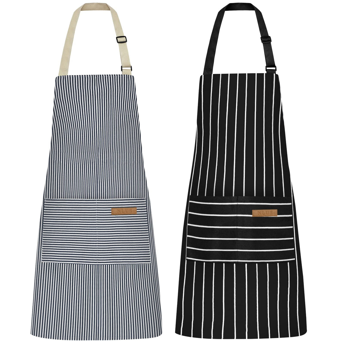 NLUS 2 Pack Kitchen Cooking Aprons, Adjustable Bib Soft Chef Apron with 2 Pockets for Men Women(Black/Brown Stripes)