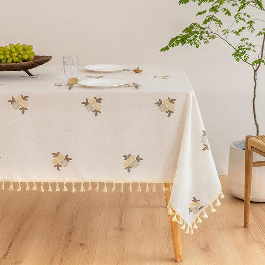 Meikelor Floral Linen Table Cloth for 6 Foot Rectangle Table Brown Flower Pattern Embroidered Tablecloth Cream Colored Fabric Neutral Farmhouse Thick Faux Burlap Tablecloth for Dining Buffet 60 x 102