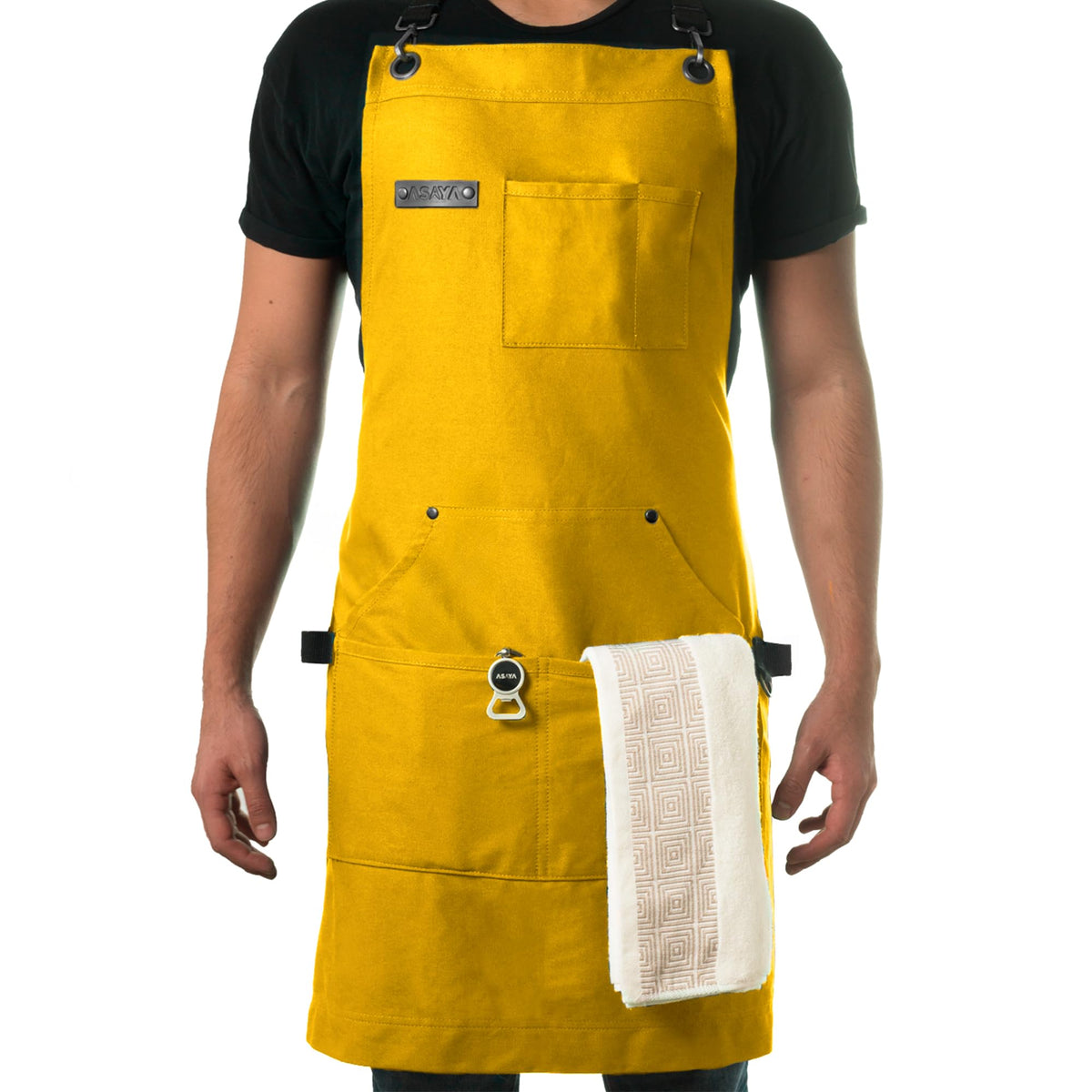 Asaya Chef and BBQ Apron with Bottle Opener and Hand Towel - 10oz Cotton Canvas, Stainless Steel Hardware - Cross Back Straps