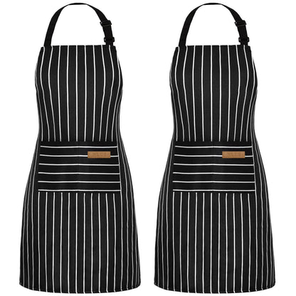 NLUS 2 Pack Kitchen Cooking Aprons, Adjustable Bib Soft Chef Apron with 2 Pockets for Men Women(Black/Brown Stripes)
