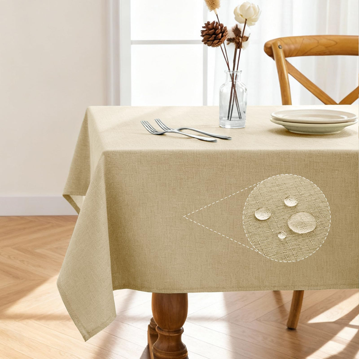 Pureegg Rectangle Linen Tablecloth Waterproof & Stain Resistant, Wrinkle-Free Table Cloth Adds Elegance and Protection, Ideal for Dining, Party, Wedding and Outdoor, 52 x 70 Inch, Beige