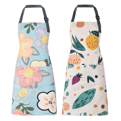 2 Pack Floral Apron for Women with Pockets, Adjustable Cotton Chef Aprons for Kitchen, Cooking, BBQ & Grill