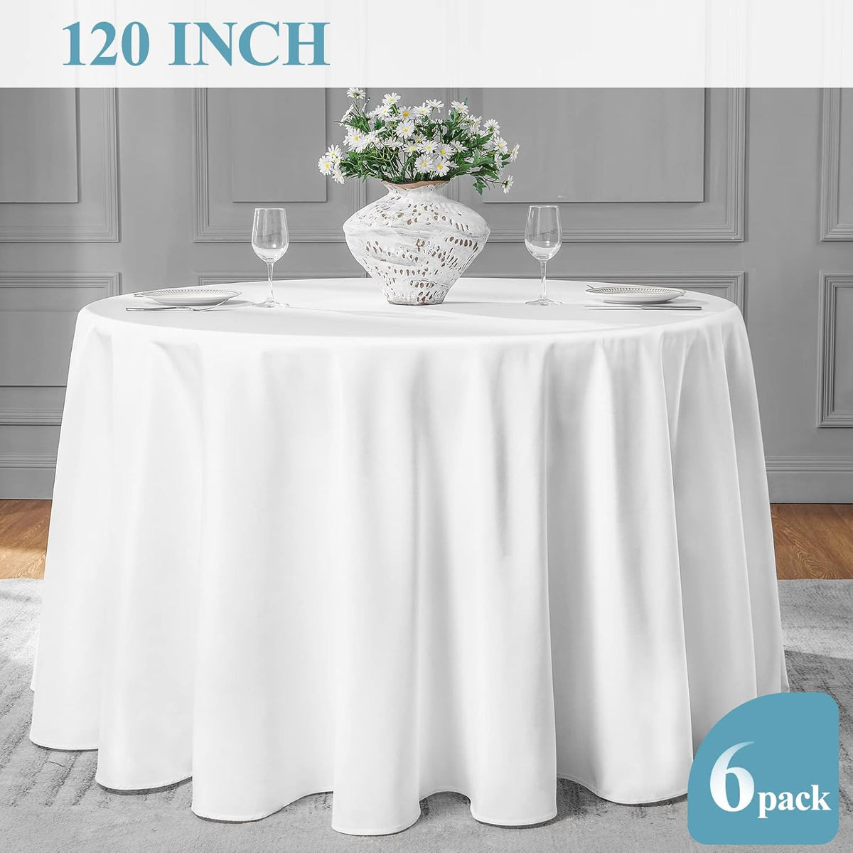 VidaFete 6 Pack 120inch Round Tablecloth Polyester Table Cloth, White