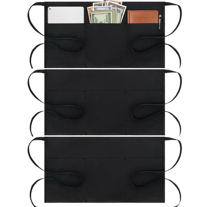 BOHARERS Waist Apron with 3 Pockets - Black Waitress Waiter Server Short Aprons