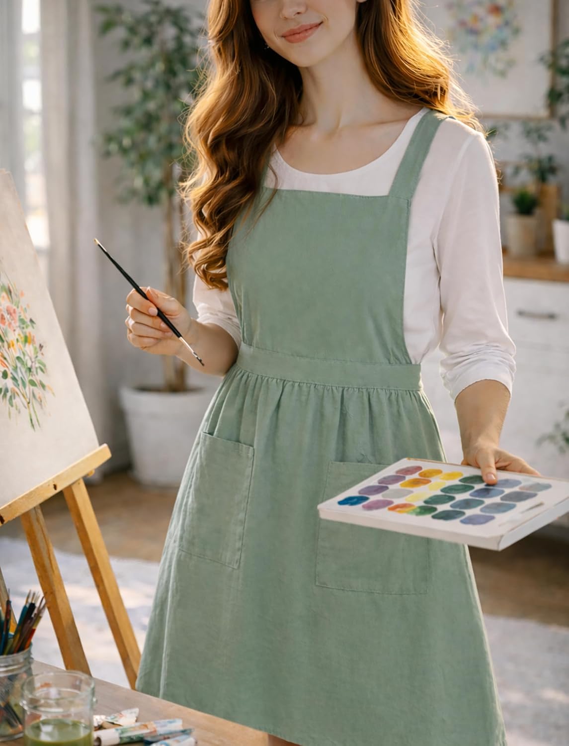 Pinknoke Cute Cotton Pinafore Aprons for Women with Pockets for Kitchen