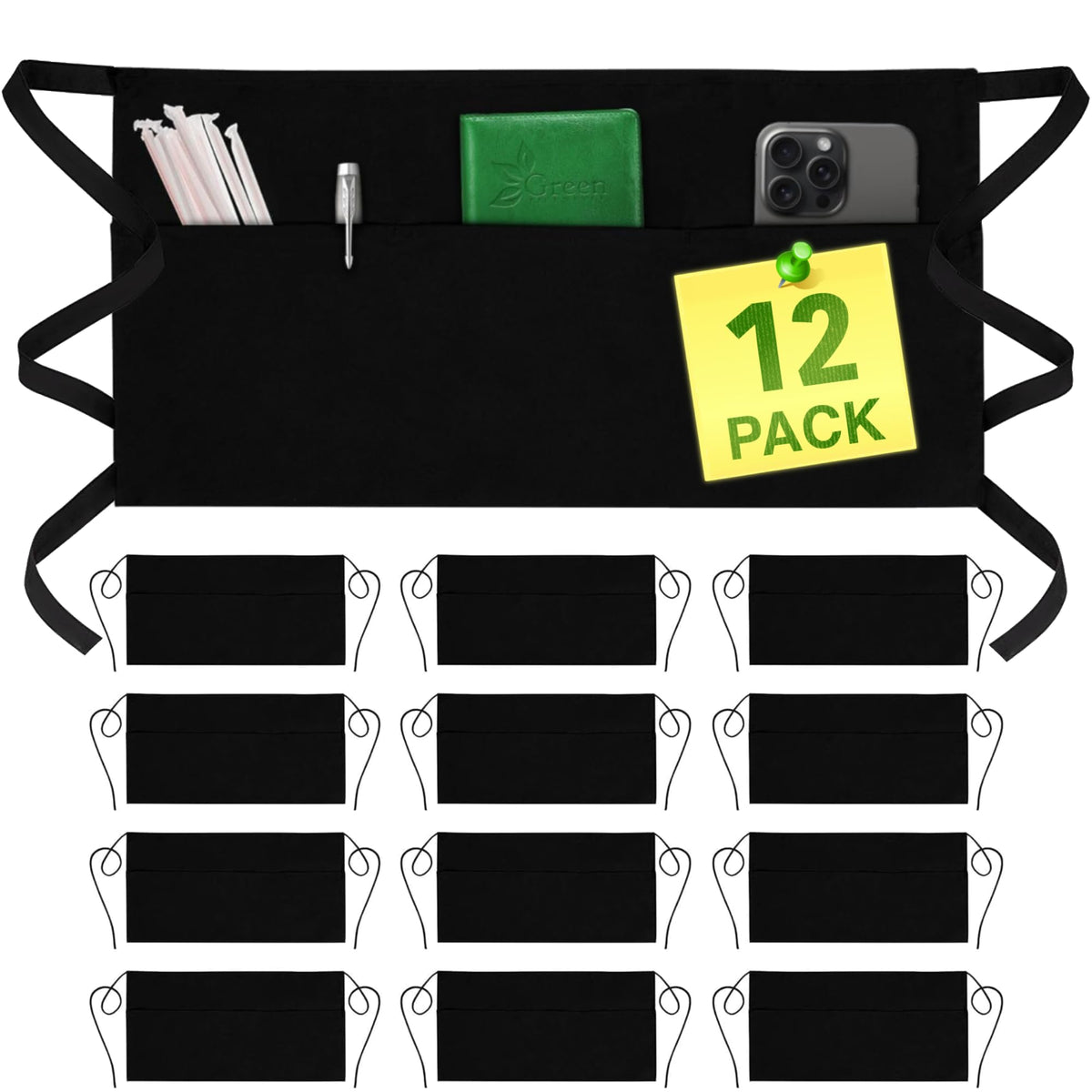 GREEN LIFESTYLE Server Aprons with 3 Pockets - Waist Apron, Waitress Apron for Women and Man, Water Resistant with Long Waist Strap Reinforced Seams, Half Apron (12 Pack - Black)