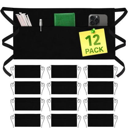 GREEN LIFESTYLE Server Aprons with 3 Pockets - Waist Apron, Waitress Apron for Women and Man, Water Resistant with Long Waist Strap Reinforced Seams, Half Apron (12 Pack - Black)