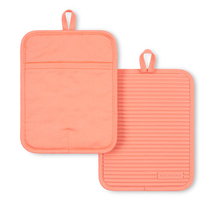 KITCHENAID Ribbed Soft Silicone Pot Holder 2-Pack Set, Matte Black, 7"x9"