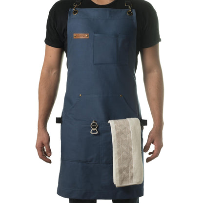 Asaya Chef and BBQ Apron with Bottle Opener and Hand Towel - 10oz Cotton Canvas, Stainless Steel Hardware - Cross Back Straps