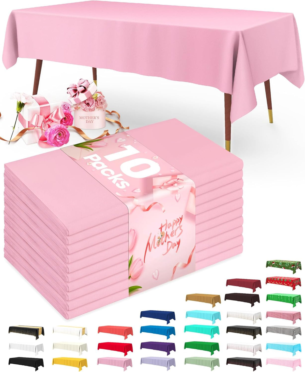 Pureegg Plastic Table Cloth Disposable 10 Pack, 54 x 108 Inch Table Cloths, Easter Party, Valentines, Mothers Day Decorations, Tablecloths, Rectangle, Pastel Plastic Cover, Leakproof & Sturdy, Pink