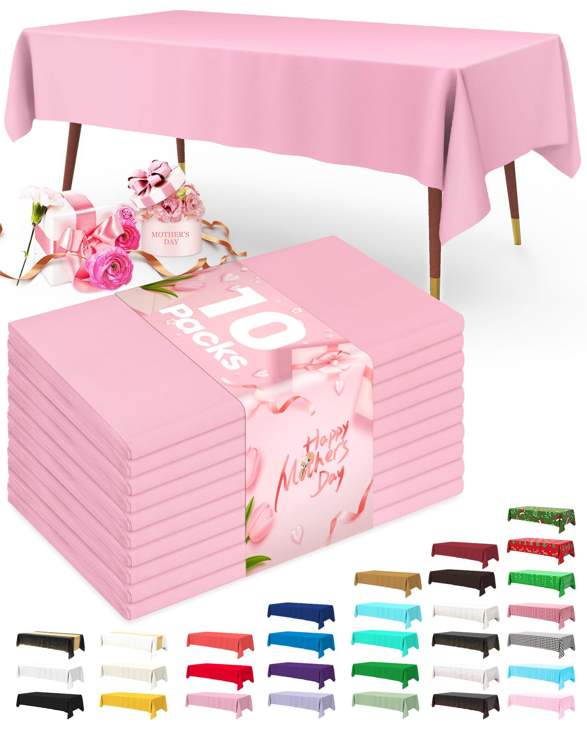 Pureegg Plastic Table Cloth Disposable 10 Pack, 54 x 108 Inch Table Cloths, Easter Party, Valentines, Mothers Day Decorations, Tablecloths, Rectangle, Pastel Plastic Cover, Leakproof & Sturdy, Pink