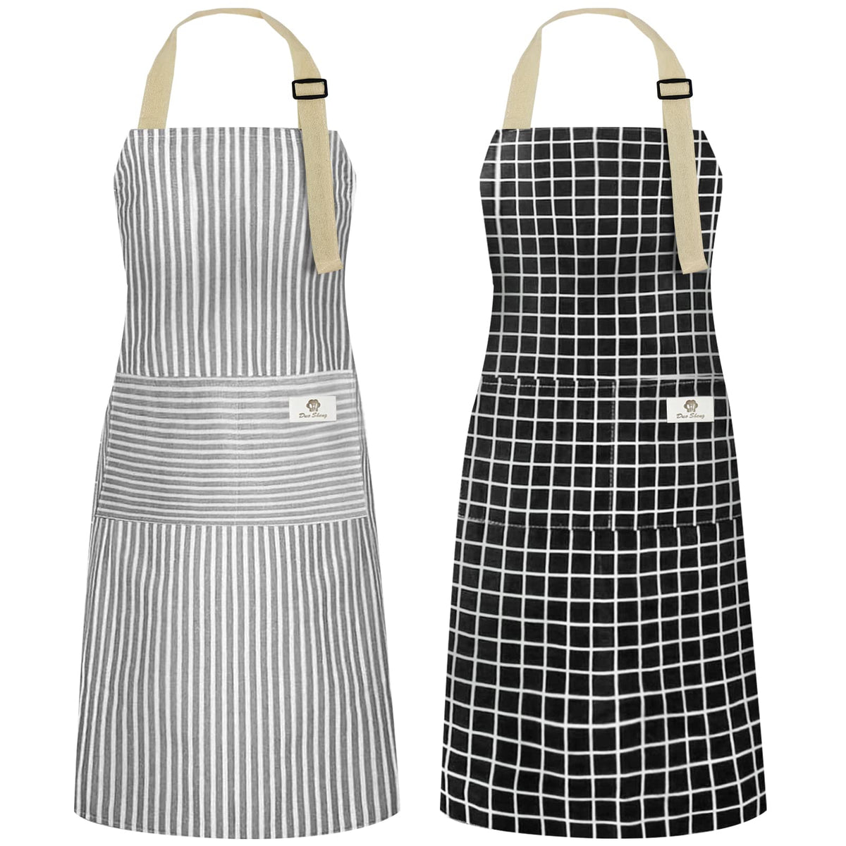 NLUS 2 Pack Kitchen Cooking Aprons, Adjustable Bib Soft Chef Apron with 2 Pockets for Men Women(Black/Brown Stripes)