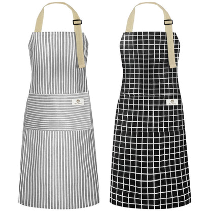 NLUS 2 Pack Kitchen Cooking Aprons, Adjustable Bib Soft Chef Apron with 2 Pockets for Men Women(Black/Brown Stripes)