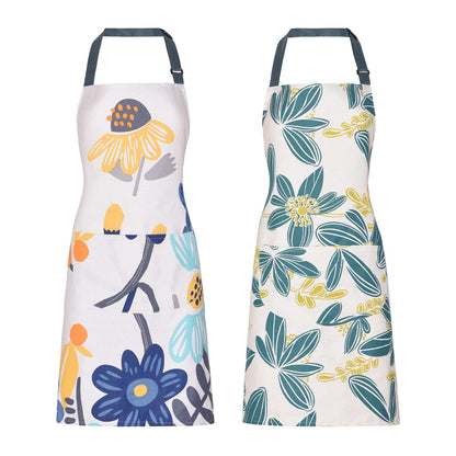 2 Pack Floral Apron for Women with Pockets, Adjustable Cotton Chef Aprons for Kitchen, Cooking, BBQ & Grill