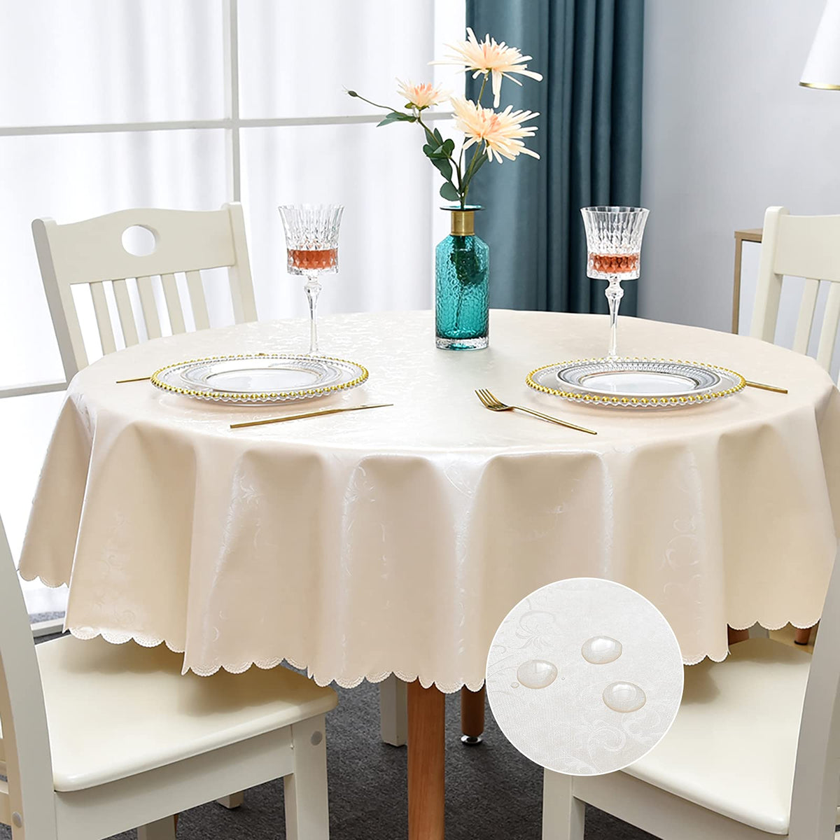 Romanstile Waterproof Vinyl Tablecloth Rectangle, 60 x 84 Inch, Rose Beige