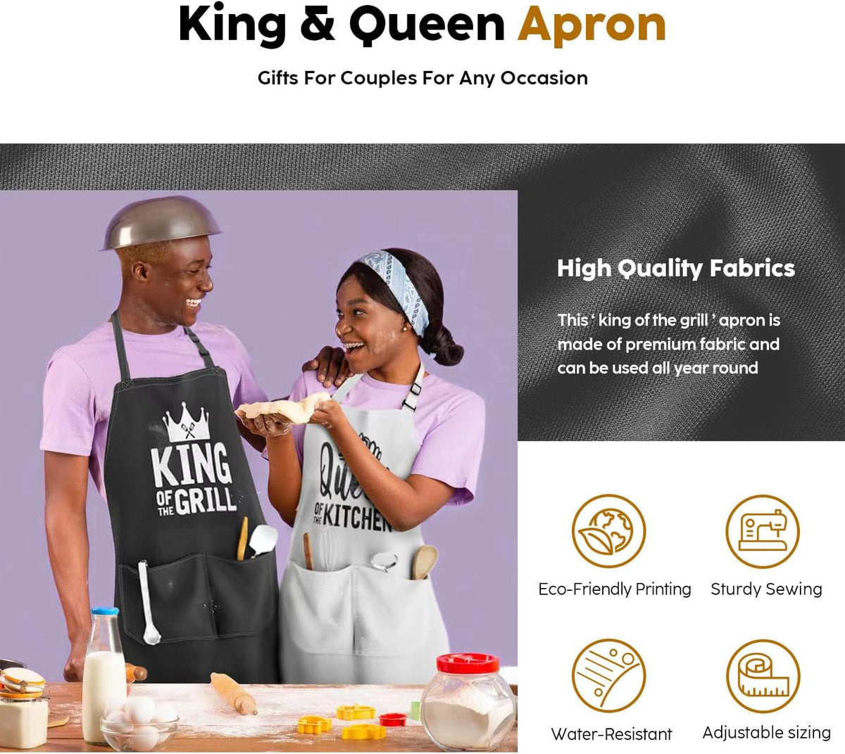 King & Queen Apron Set - Matching Couples Kitchen Aprons with Deep Pockets & Reinforced Stitching - Waterproof Professional Cooking Gear for Wedding, Engagement, Bridal Shower, Valentines, Christmas