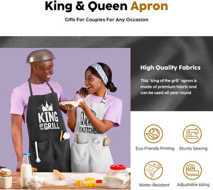 King & Queen Apron Set - Matching Couples Kitchen Aprons with Deep Pockets & Reinforced Stitching - Waterproof Professional Cooking Gear for Wedding, Engagement, Bridal Shower, Valentines, Christmas