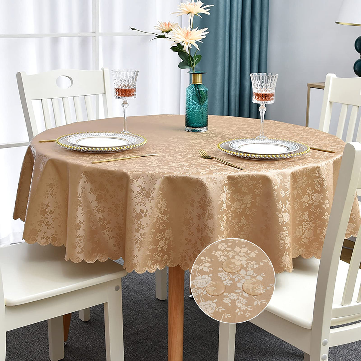 Romanstile Waterproof Vinyl Tablecloth Rectangle, 60 x 84 Inch, Rose Beige