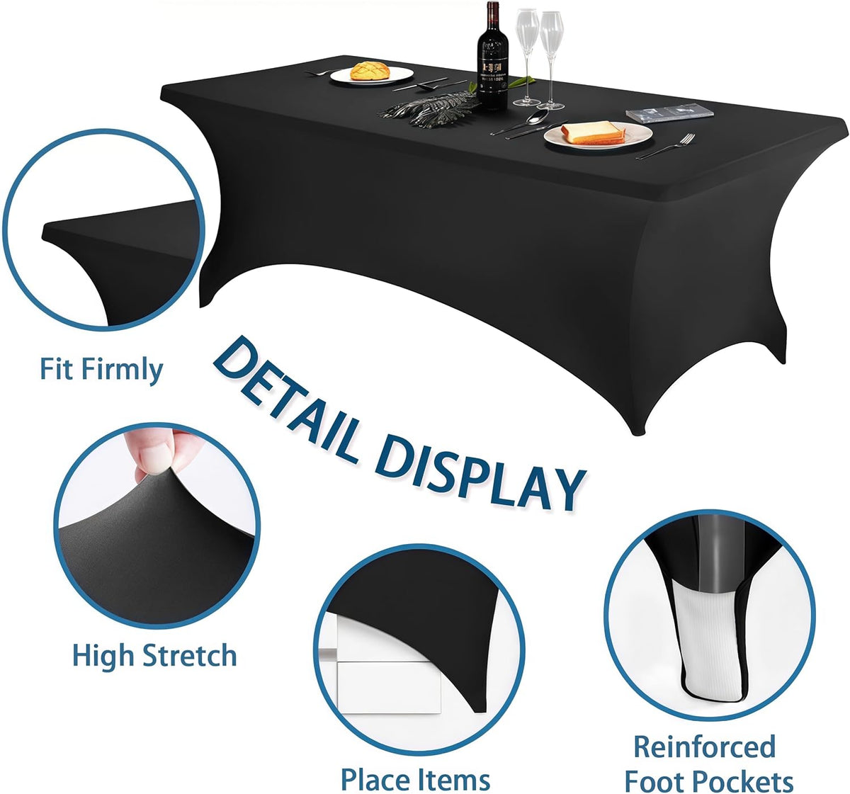 6FT Black Table Cloth - 2 Pack Fitted Stretch Rectangle Spandex Tablecloth, Washable Table Cover for Party, Picnic, Wedding, Banquet, Birthday and Festival(30" x 72")