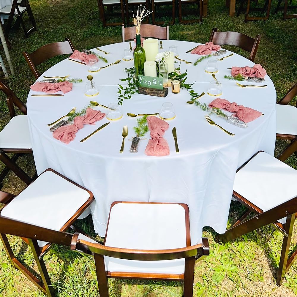 DAKKIONY 10 Pack Round Tablecloth White 120 Inch, Stain Resistant and Wrinkle Polyester Fabric, Washable Table Cover for Kitchen Dining, Wedding, Buffet Table, Holiday Party