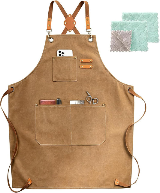 ZOMAO Chef Apron, Cotton Canvas Cross Back Apron with Pockets for Women and Men,Adjustable Strap and Large Pockets Apron,Kitchen Cooking Baking Bib Apron
