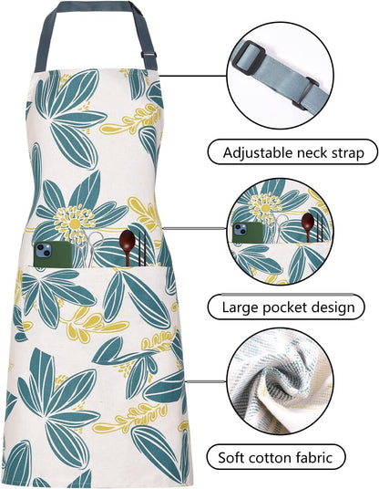 2 Pack Floral Apron for Women with Pockets, Adjustable Cotton Chef Aprons for Kitchen, Cooking, BBQ & Grill