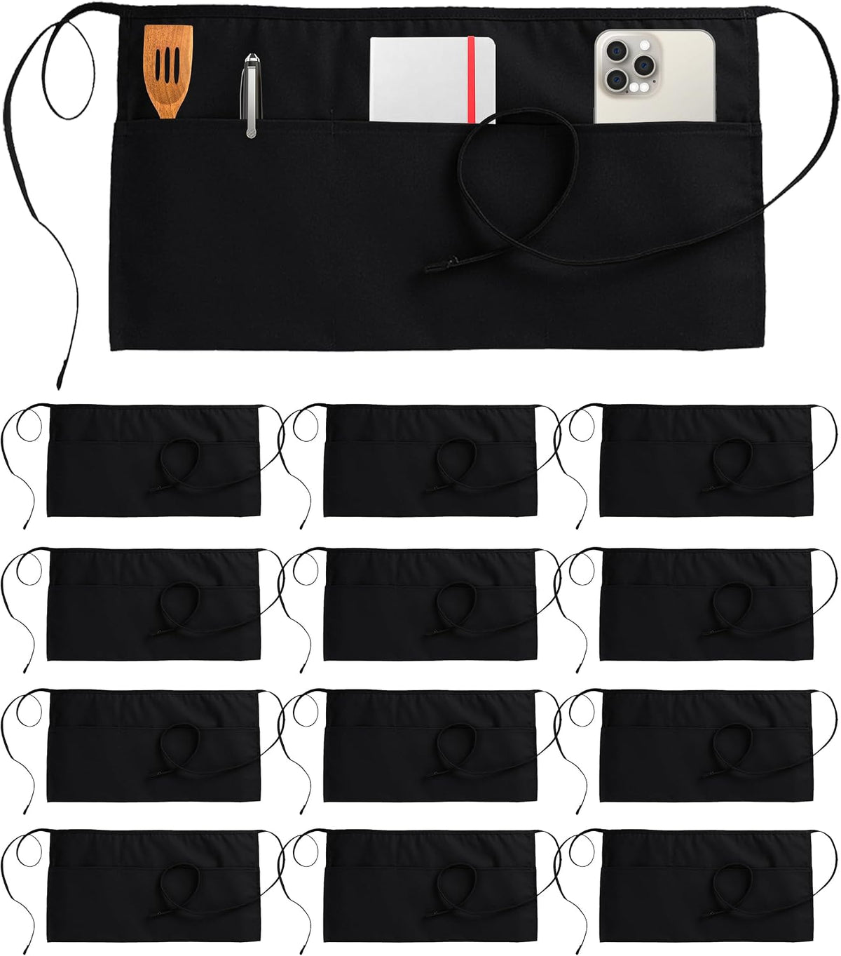 Utopia Wear Server Waist Aprons 12 Pack with 3 Pockets 100% Polyester