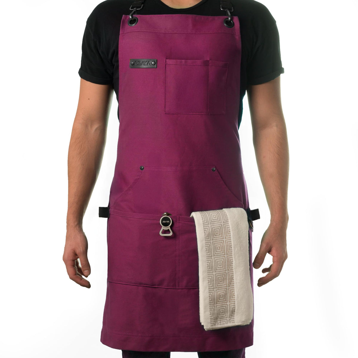 Asaya Chef and BBQ Apron with Bottle Opener and Hand Towel - 10oz Cotton Canvas, Stainless Steel Hardware - Cross Back Straps