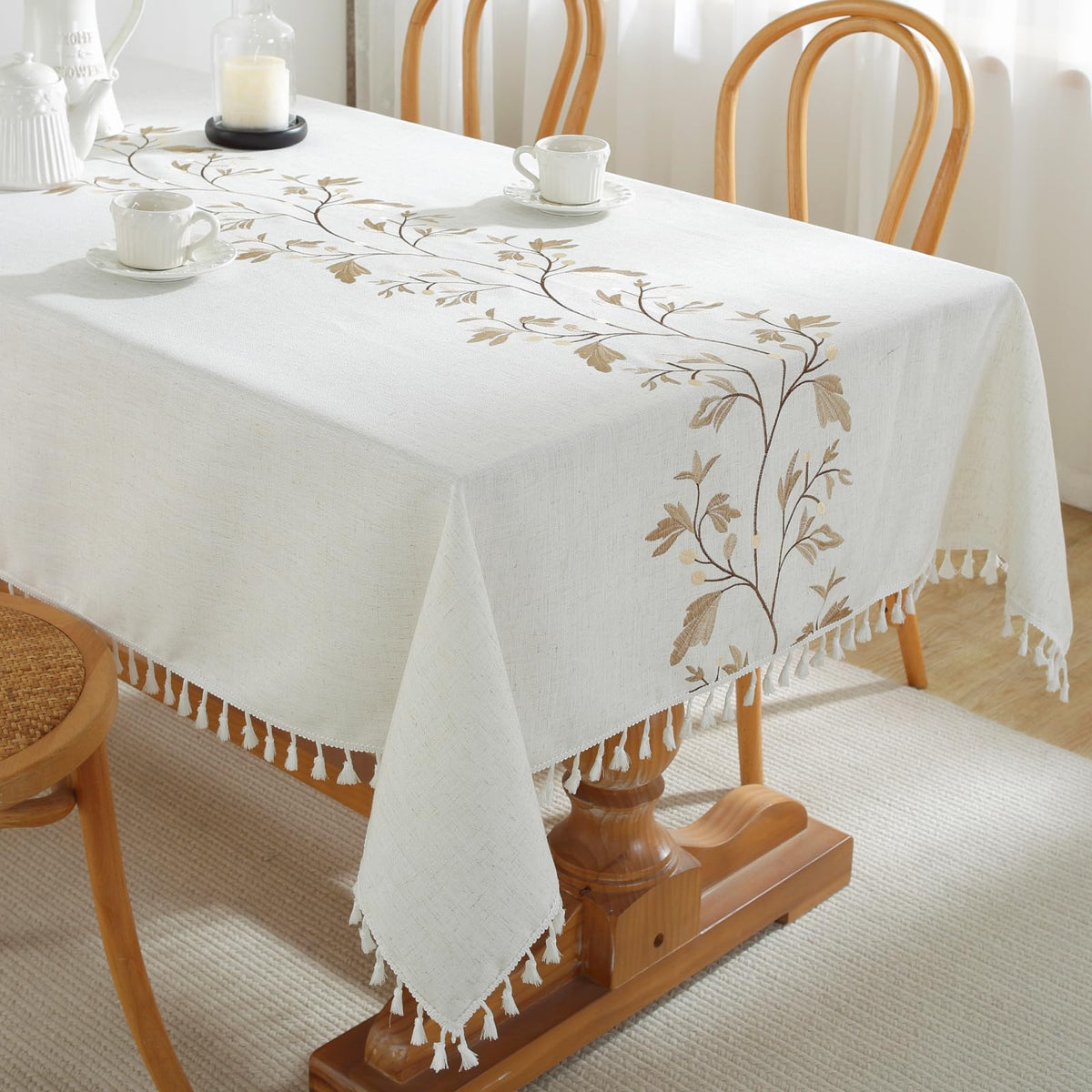 Alsoo Fall Tablecloth Rectangle Linen Style, Outdoor Waterproof Rustic Boho Farmhouse Cotton Table Cloth Wrinkle Free for Picnic Camping Party Kitchen Dining (Coffee Lines, 4-6 Seats, 55x75 Inches)