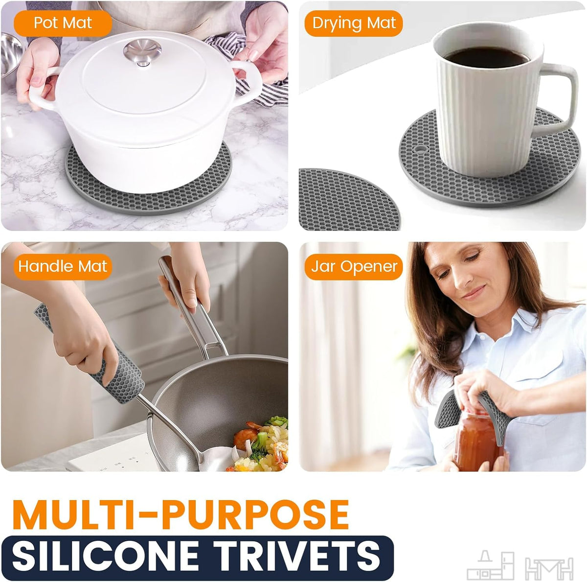 Silicone Trivet Mats 4 Heat Resistant Pot Holders Multipurpose Non-Slip Hot Pads for Kitchen Potholders, Drying mat, Jar Opener, Spoon Holder, Coaster(Dark Grey)