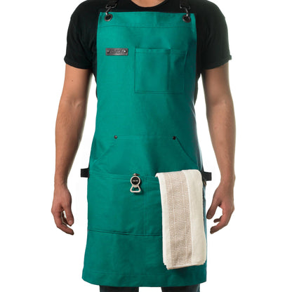 Asaya Chef and BBQ Apron with Bottle Opener and Hand Towel - 10oz Cotton Canvas, Stainless Steel Hardware - Cross Back Straps