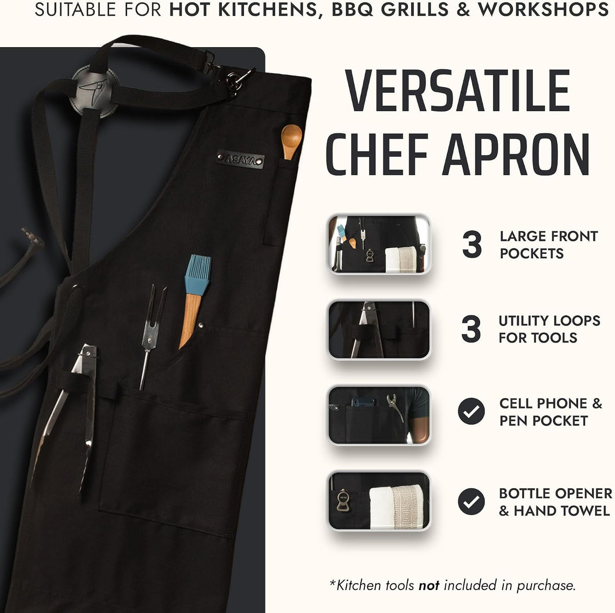 Asaya Chef and BBQ Apron with Bottle Opener and Hand Towel - 10oz Cotton Canvas, Stainless Steel Hardware - Cross Back Straps